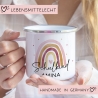 Schulanfang Schulkind Emaille Tasse Becher | Personalisiert mit Wunschnamen | Kindertasse zur Einschulung | Regenbogen Rosa Geschenk