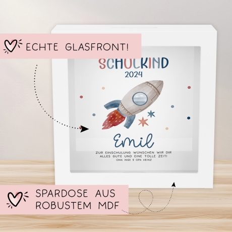 Spardose Rakete Schulkind 2024 Einschulung mit Wunschname Name Kind personalisiert Kinder Geburtstagsgeschenk mit optionalen Wunschtext