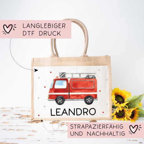 Feuerwehrwagen Pocket Tasche Wunschnamen | 100% Jute | Feuerwehrauto Löschfahrzeug | Geschenk zum Geburtstag, Nikolaus, Weihnachten Ostern