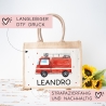 Feuerwehrwagen Pocket Tasche Wunschnamen | 100% Jute | Feuerwehrauto Löschfahrzeug | Geschenk zum Geburtstag, Nikolaus, Weihnachten Ostern