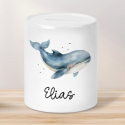 Personalisierte Kinder Spardose Wal Tier mit Namen optional mit Datum - Blau - Geschenk für Junge & Mädchen zum Geburtstag Weihnachten