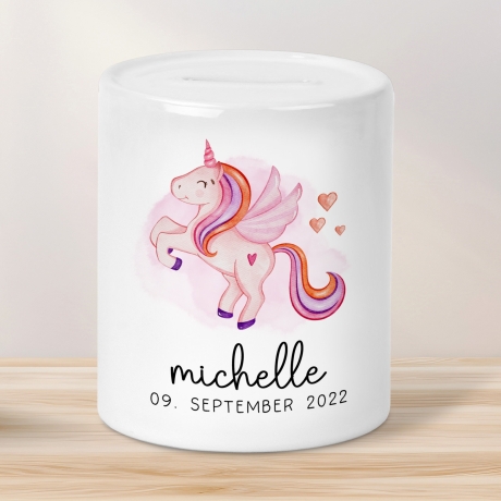 Spardose Einhorn Name Personalisiert für Mädchen zum Geburtstag, Taufe Kommunion Firmung Konfirmation, Weihnachten - Keramik - Wunschnamen