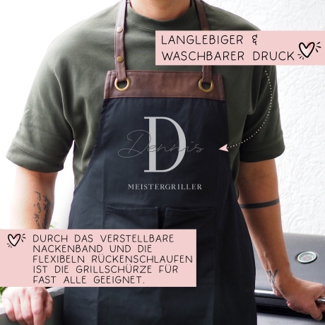 Premium Grillschürze personalisiert für Männer mit Namen Kunstleder Applikation zum Geburtstag, Weihnachten Baumwollschürze, Küchenschürze