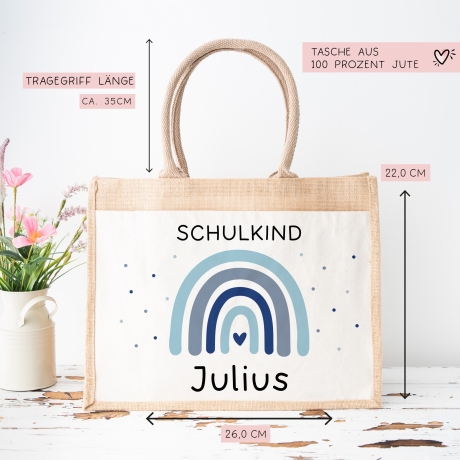 Einschulung - Personalisierte Jute Pocket Tasche | mit Wunschnamen | Schulkind Regenbogen Herz | Blau | als Geschenktasche für Schulanfang