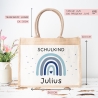 Einschulung - Personalisierte Jute Pocket Tasche | mit Wunschnamen | Schulkind Regenbogen Herz | Blau | als Geschenktasche für Schulanfang