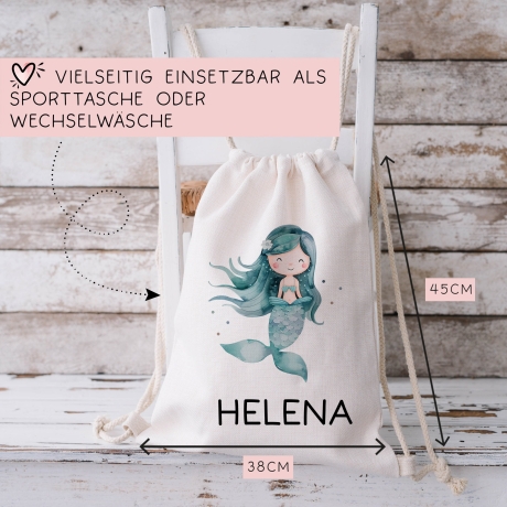 Turnbeutel Meerjungfrau Personalisiert | Nixe mit Wunschnamen Rucksack Schule, Kindergarten, KITA, Wäschebeutel, Sportbeutel, Wechselwäsche