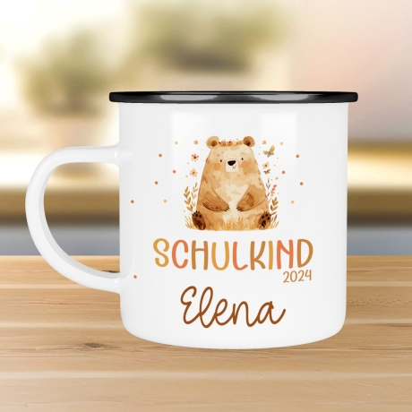 Schulanfang  Kindertasse Schulkind mit Bär-Motiv - personalisierte Emaille-Tasse mit Namen - ideales Einschulungsgeschenk