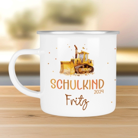 Schulanfang  Schulkind 2024 Emaille Kindertasse, Wunschnamen Bagger Motiv, Personalisierte Einschulung Geschenk
