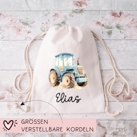Personalisierte Stofftasche Traktor Blau Name - Kinder Beutel Kindertasche mit Wunschname - Wechselwäsche - Wechselkleidung - Tragetasche