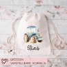 Personalisierte Stofftasche Traktor Blau Name - Kinder Beutel Kindertasche mit Wunschname - Wechselwäsche - Wechselkleidung - Tragetasche