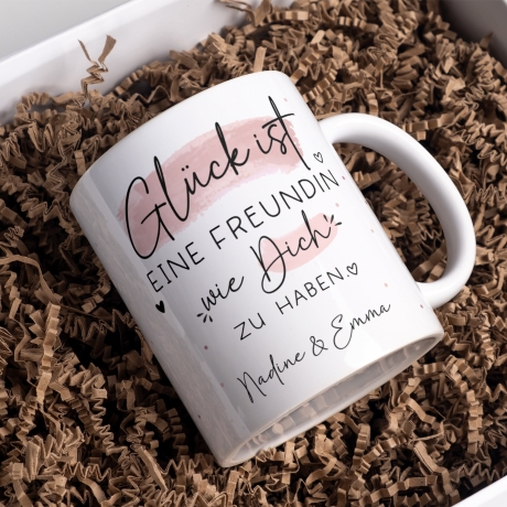 Handgefertigte Personalisierte Tasse – Glück ist eine FREUNDIN wie dich zu haben - Geschenk zum Geburtstag, Ostern, Weihnachten -Wunschnamen