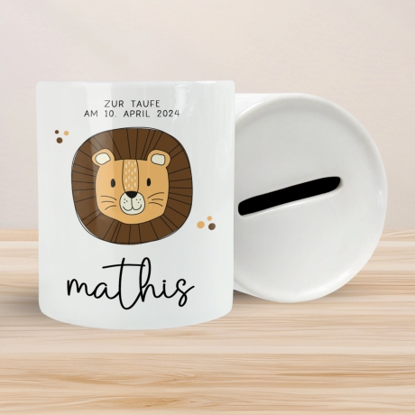 Personalisierte Spardose zur Taufe Motiv: Löwe - mit Namen personalisiert-Geschenk für Jungen & Mädchen zur Kommunion, Konfirmation, Firmung