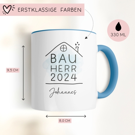 Bauherr Tasse 2024 Name, Richtfest Geschenk, Becher Geschenke zum Richtfest, Geschenkideen zum Hausbau Einweihung Hausbauer -330ml