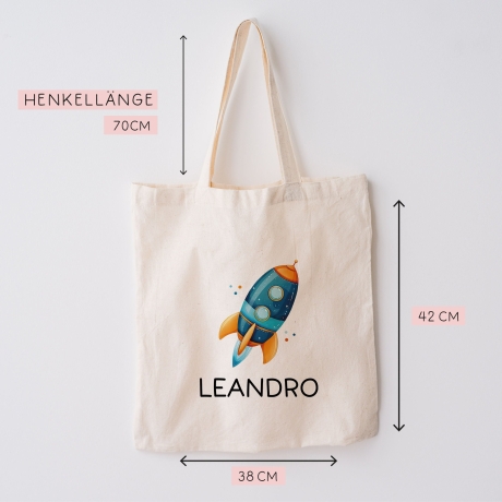 Rakete Personalisiert Stofftasche - Einkaufstasche Kinder-Beutel mit Namen als Sporttasche, Tragetasche Wechselwäsche für Kita Schule - 04