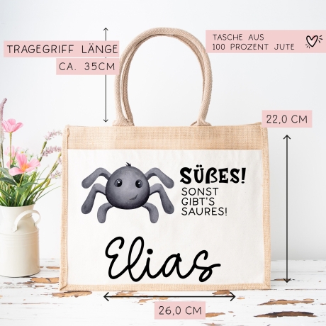 Stofftasche Halloween mit Namen | Pocket Tasche | Wunschnamen | Süßes oder Saures | Jute | Tragetasche für Kinder für Süßigkeiten | Spinne