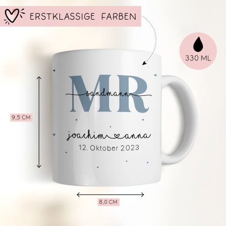 Mr & Mrs Tasse Tassen Hochzeit personalisiert mit Wunschnamen und Datum – Namenstasse Hochzeitsgeschenk - Braut Bräutigam – Kaffeetasse