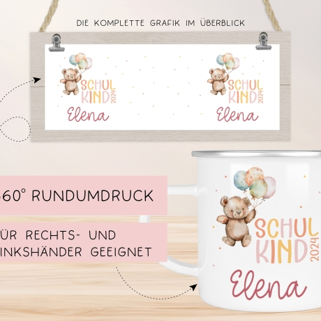Schulkind 2024 Emaille Tasse, personalisiertes Einschulungsgeschenk, personalisierte Tasse für Jungen und Mädchen Schulanfang