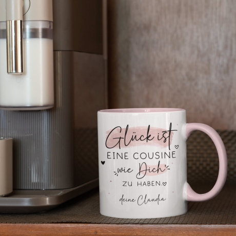 Tasse Cousine Personalisiert – Glück ist eine COUSINE wie dich zu haben - Geschenk zum Geburtstag, Ostern, Weihnachten - Wunschnamen