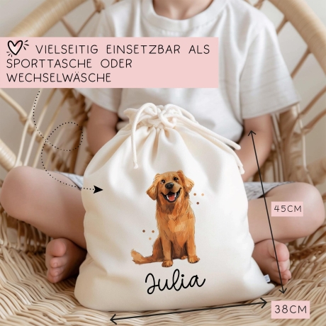 Personalisierte Stofftasche Golden Retriever Hund Name - Kinder Beutel Kindertasche mit Wunschname - Wechselwäsche - Tasche- Wechselkleidung