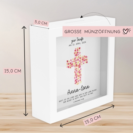 Kreuz Pink Holz Spardose Taufe personalisiert mit Namen zur Geburt Kommunion Konfirmation eines Kindes mit Taufspruch als Geldgeschenk