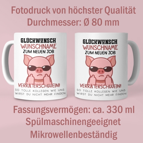 Personalisierte Tasse mit Spruch: Glückwunsch zum neuen Job Verräter! - Abschiedsgeschenk Kollegen - Kaffeetasse Sparschwein