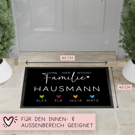 Personalisierte Fußmatte - Fussmatte mit Wunschnamen | Familie mit Herzen Haustier | 60x40 cm | Geschenkidee zum Umzug, Umzug