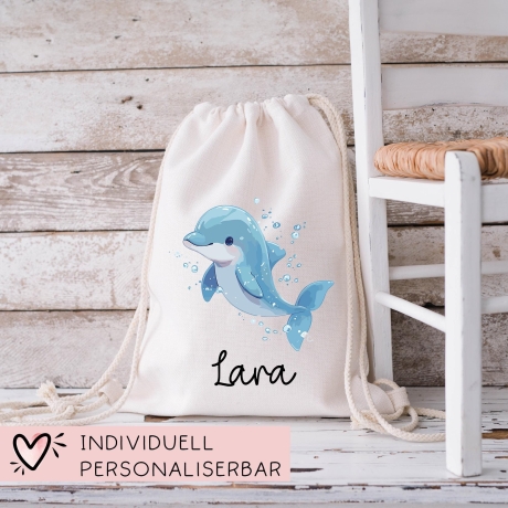 Turnbeutel Wäschebeutel Delfin Delphin - Personalisiert - Wunschnamen - Schule - mit Name - Rucksack - Wechselkleidung - Weihnachten