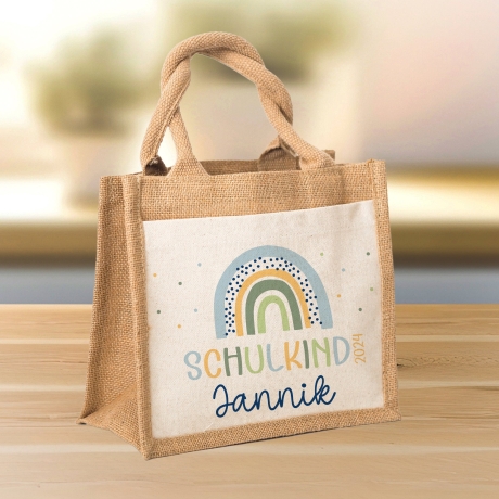 Schulkind 2024 Tasche , Regenbogen Blau Schultasche, Geschenk Einschulung, Schultüte, personalisierte Jutetasche, Einschulungsgeschenk Jungs
