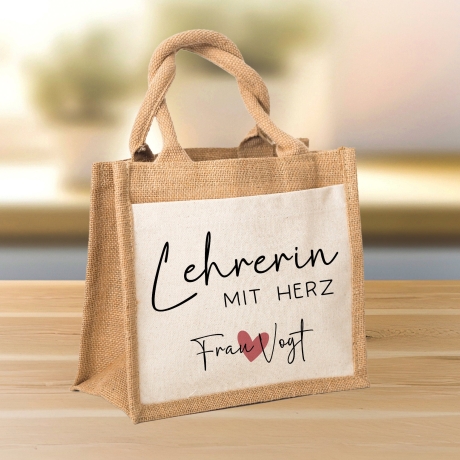 Lehrerin mit Herz Tasche mit Namen - kleines Geschenk - Dankeschön Juteasche Abschiedsgeschenk - Beste Lehrerin mit Wunschtext