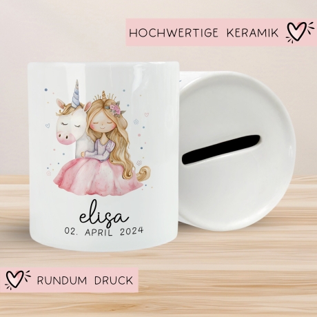 Spardose Einhorn & Prinzessin Name Personalisiert für Mädchen zum Geburtstag, Taufe Kommunion Firmung Konfirmation, Weihnachten - Keramik