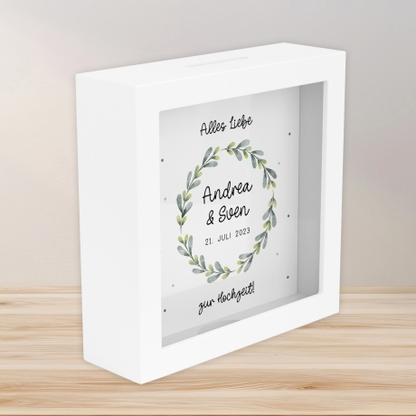 Spardose Hochzeit personalisiert Datum & Name Brautpaar Bräutigam Braut Geldgeschenk Sparschwein Hochzeitsgeschenk Geld - Holz Blumenkranz