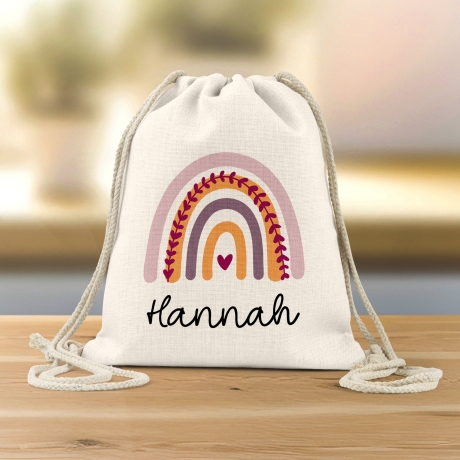Personalisierter Turnbeutel aus Bio-Baumwolle | Mit Ihrem Wunsch-Namen | Regenbogen-Design. Perfekt als Rucksack für Schule und Kindergarten