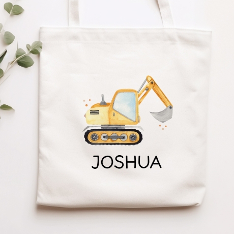 Stofftasche Bagger Baustelle Personalisiert mit Namen. Für Schule und Kindergarten als Wäschebeutel Wechselwäsche für Mädchen & Junge