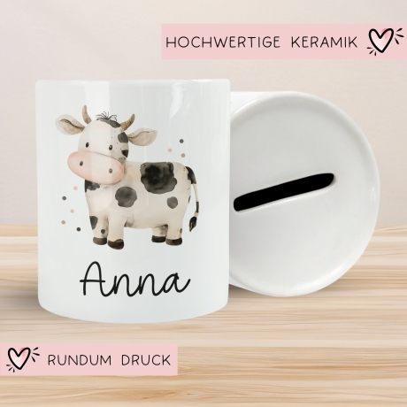 Spardose mit Namen Kuh Tier Personalisiert optional mit Datum - Schwarz Weiß - Geschenk für Junge & Mädchen zum Geburtstag Weihnachten