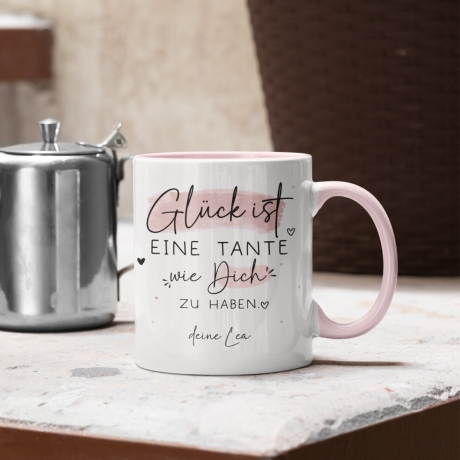 Handgefertigte Personalisierte Tasse mit Wunschnamen – Glück ist eine TANTE wie dich zu haben - Geschenk zu Ostern, Weihnachten, Geburtstag