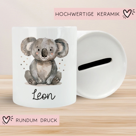 Personalisierte Kinder Spardose Koala Tier mit Namen optional mit Datum - Braun - Geschenk für Junge & Mädchen zum Geburtstag Weihnachten