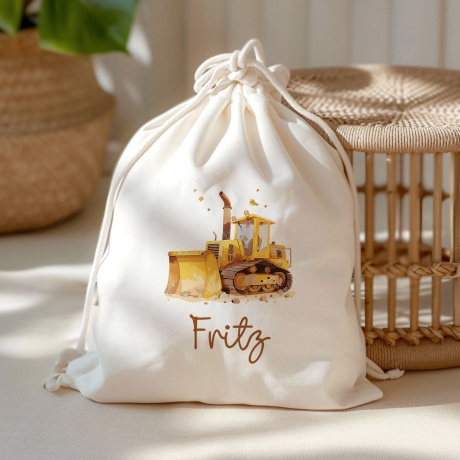 Bagger Stofftasche Einkaufstasche Kinder-Beutel mit Namen als Sporttasche, Wechselwäsche, Tragetasche - für Kita Schule & Kindergarten