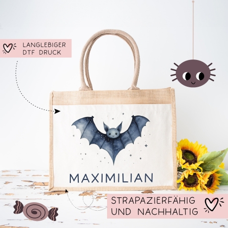 Personalisierte Halloween Tasche | Beutel mit Fledermaus und Name| Candy Bag mit Namen | Tragetasche für Kinder für Süßigkeiten an Halloween