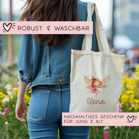 Ballerina Fee Stofftasche Einkaufstasche Kinder-Beutel mit Namen als Sporttasche, Wechselwäsche, Tragetasche -für Kita Schule & Kindergarten