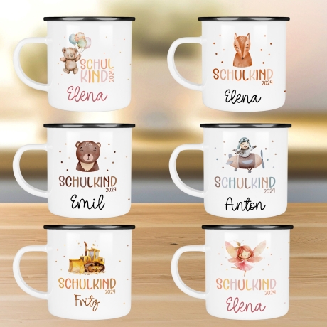Schulanfang  Kindertasse Schulkind - personalisiertes Emaille- Einschulung mit Namen, Fuchs, Bär, Flugzeug, Fee Ballerina Bagger