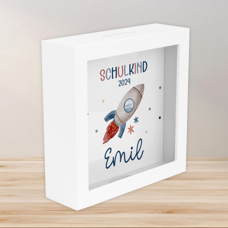 Einschulung Spardose Rakete Schulkind 2024 mit Wunschname Name Kind personalisiert Kinder Geburtstagsgeschenk mit Wunschtext