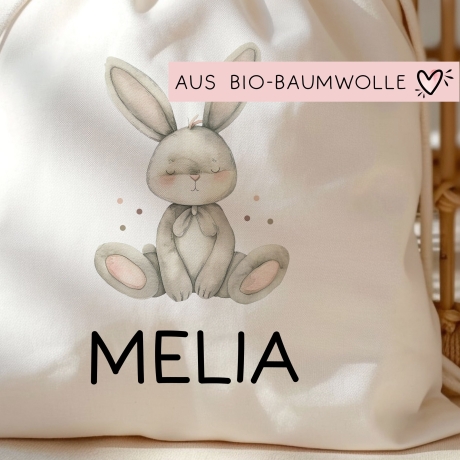 Personalisierter Turnbeutel mit einem Hasen | mit Wunschnamen | Tierkinder | Rucksack für Schule, Kindergarten, KITA und KIGA Wäschebeutel