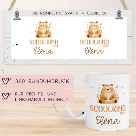 Schulkind 2024 Bär Kindertasse Name Kakao Tasse Kind Kindergeschirr personalisiert Kinder Geschenk Geburtstagsgeschenk