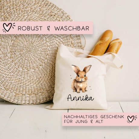Stofftasche mit Namen Hase Rammler - Personalisierte Kinder Beutel Kindertasche - Wechselwäsche, Schmutzwäsche Tragetasche - Wechselkleidung