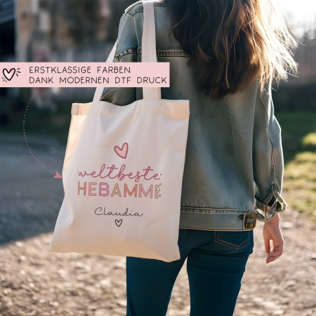 Weltbeste Hebamme Tasche Stoffbeutel - mit Wunschname - Einkaufstasche - Geschenkidee für Geburtsbegleiterin zum Geburtstag - Personalisiert