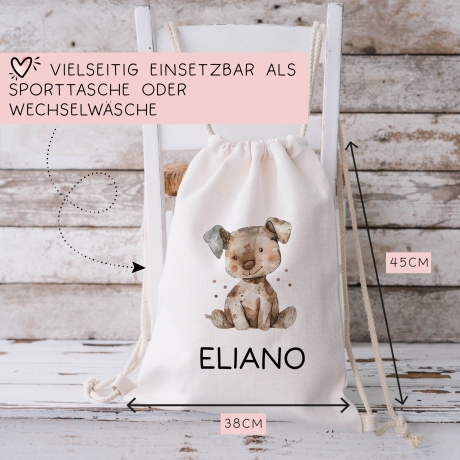 Kinder-Beutel mit Namen personalisiert - Hund - Stofftasche als Sporttasche, Wechselwäsche, Tragetasche - Kita, Kiga, Schule & Kindergarten