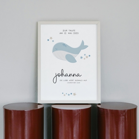 Personalisiertes Poster zur Taufe mit eigenen Namen und Taufspruch mit einem Wal | Taufposter| Geschenk zur Taufe | Geschenk für Patenkind