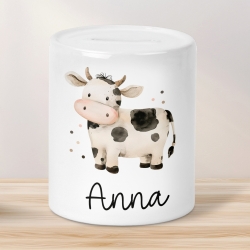 Spardose mit Namen Kuh Tier Personalisiert optional mit Datum - Schwarz Weiß - Geschenk für Junge & Mädchen zum Geburtstag Weihnachten