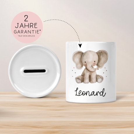 Spardose mit Namen Elefant Tier Personalisiert optional mit Datum - Grau - Geschenk für Junge & Mädchen zum Geburtstag Weihnachten Firmung