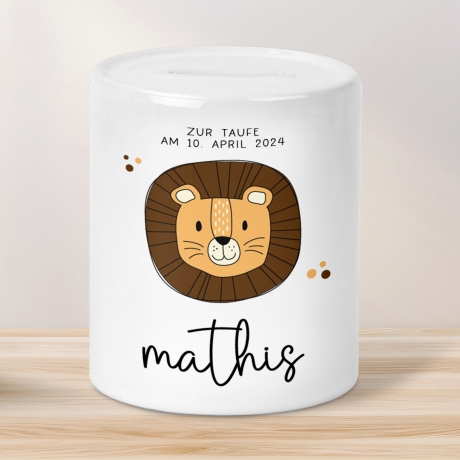 Personalisierte Spardose zur Taufe Motiv: Löwe - mit Namen personalisiert-Geschenk für Jungen & Mädchen zur Kommunion, Konfirmation, Firmung